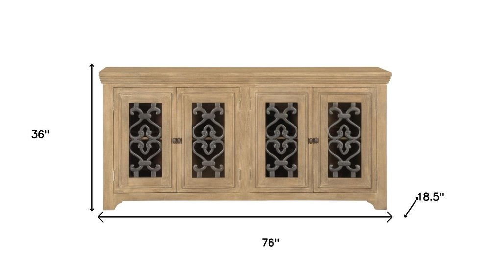 76" Natural Distressed Solid Wood Sideboard Soft Close with Four Glass Doors