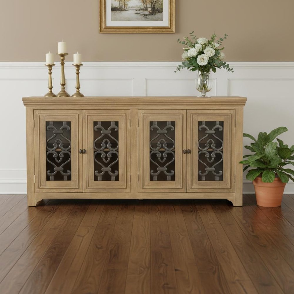 76" Natural Distressed Solid Wood Sideboard Soft Close with Four Glass Doors