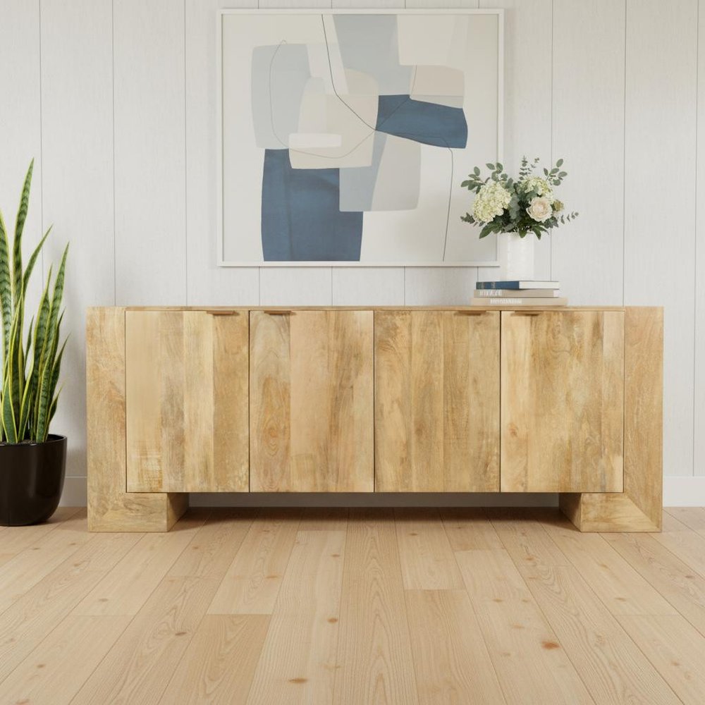 86" Natural Distressed Solid Wood Sideboard with Four Doors