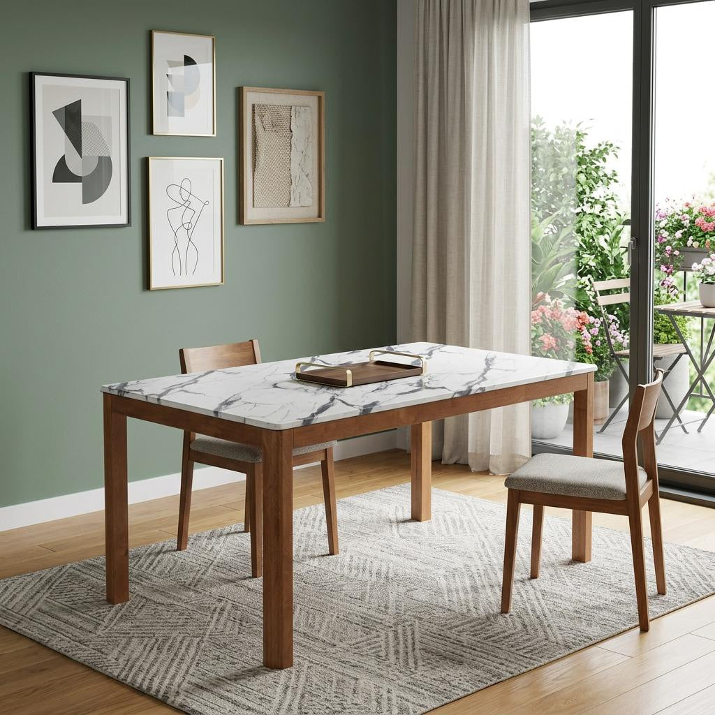 63" White and Natural Faux Marble and Solid Wood Dining Table