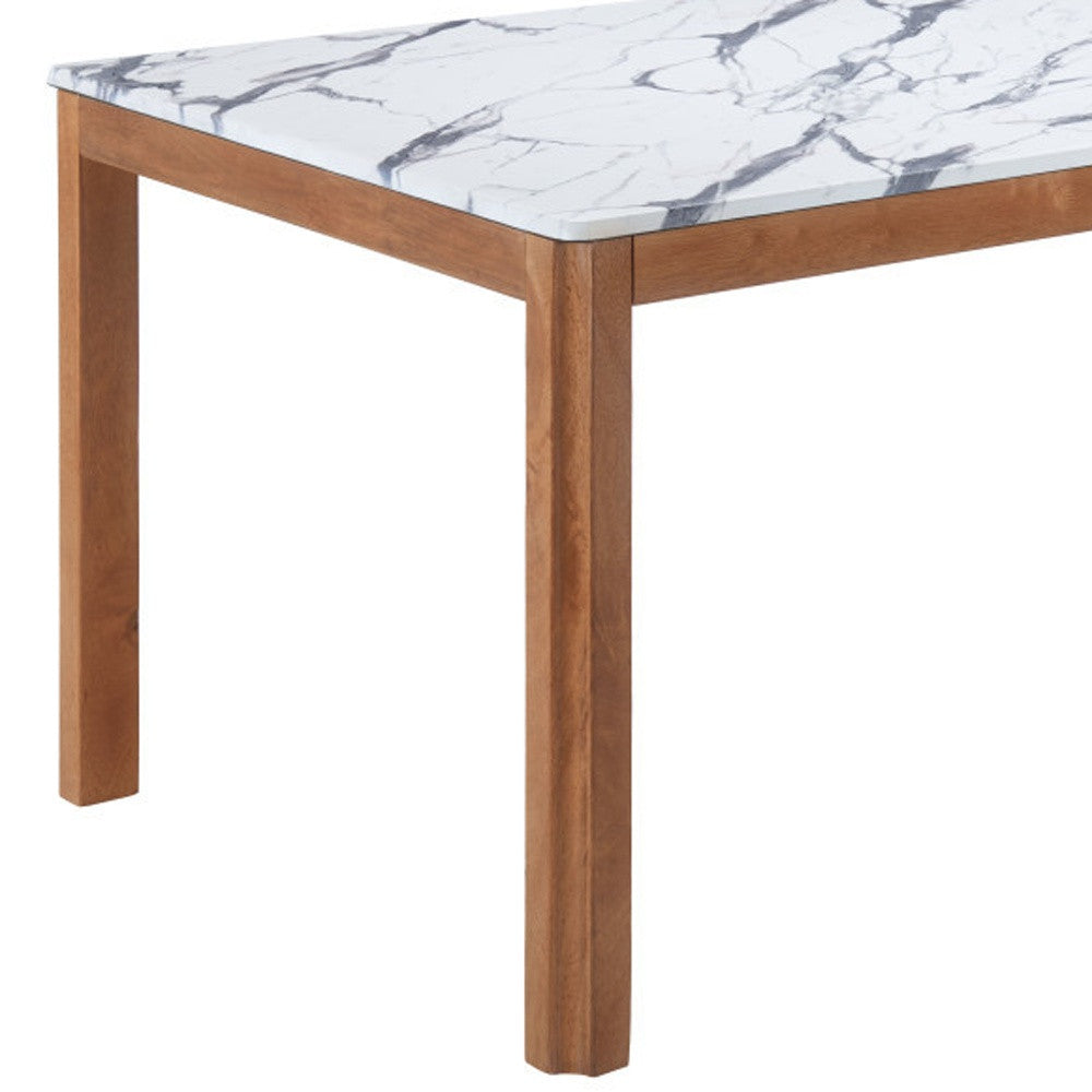 63" White and Natural Faux Marble and Solid Wood Dining Table