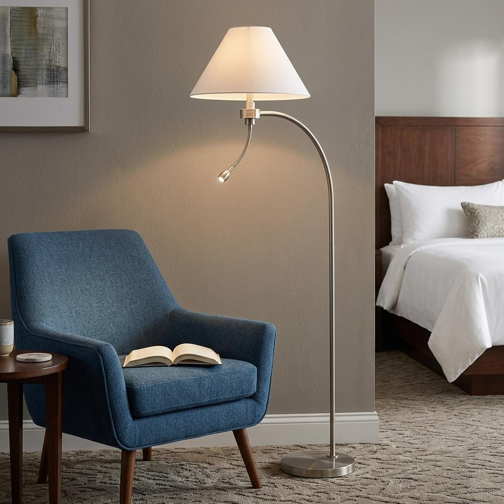 68" Nickel Metal Reading Floor Lamp With White Fabric Empire Shade