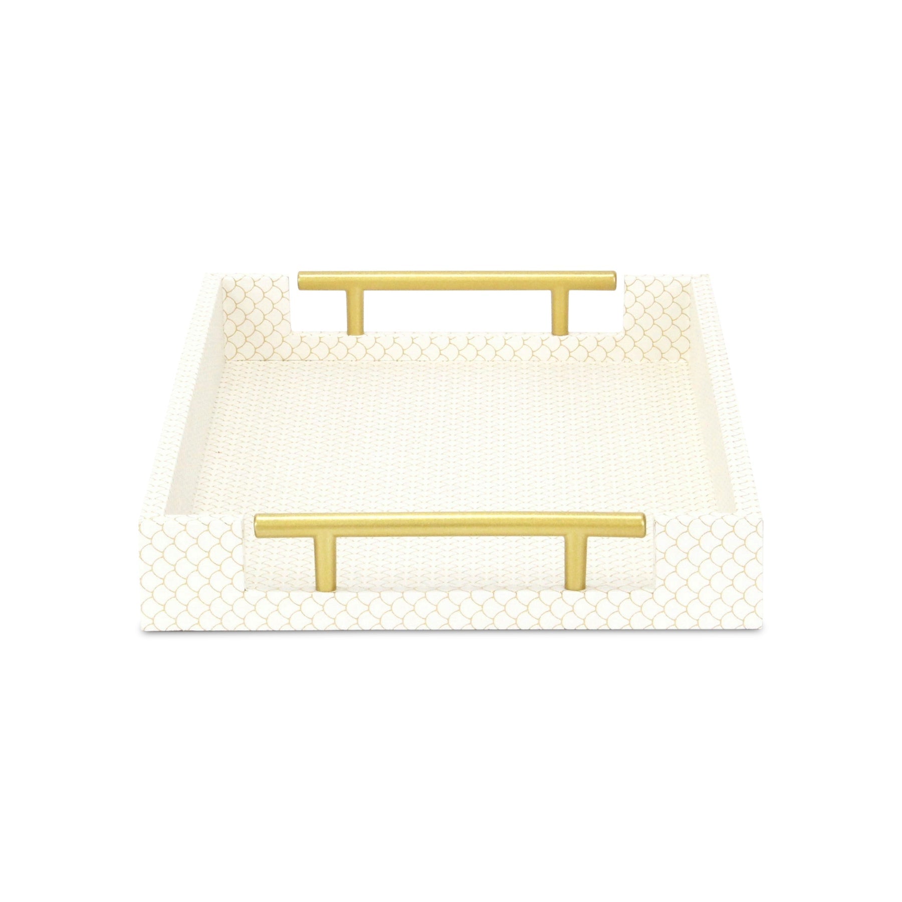 16" Ivory And Gold Geometric Print Handmade Serving Tray With Handles