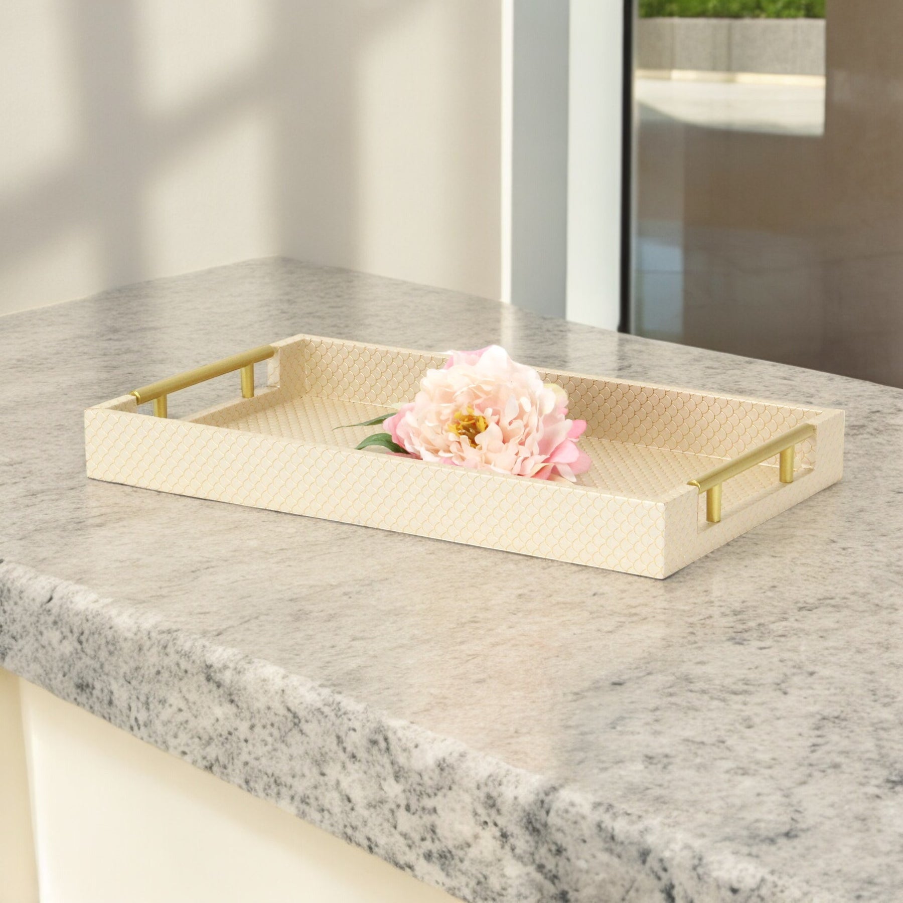 16" Champagne And Gold Geometric Print Handmade Serving Tray With Handles