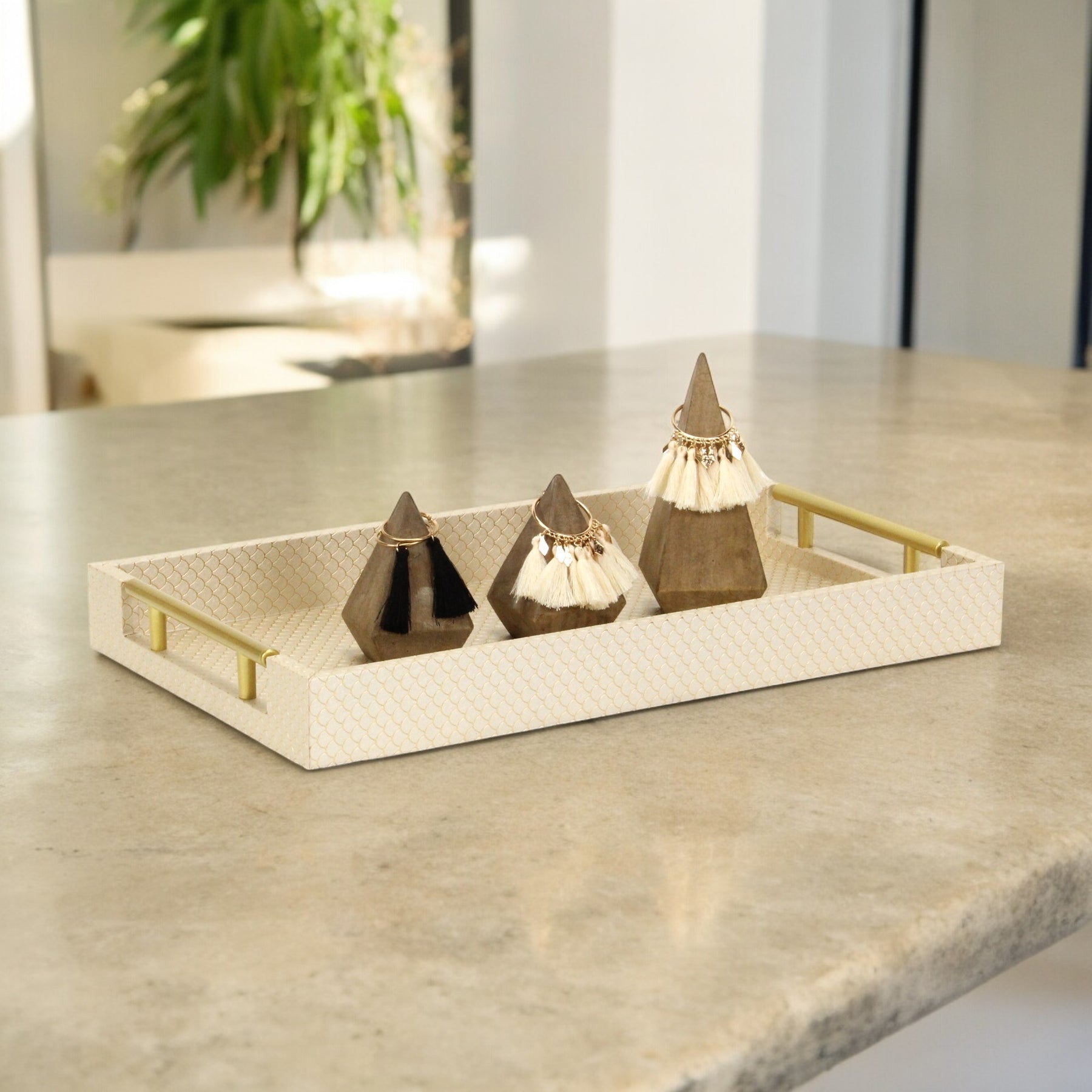 16" Champagne And Gold Geometric Print Handmade Serving Tray With Handles