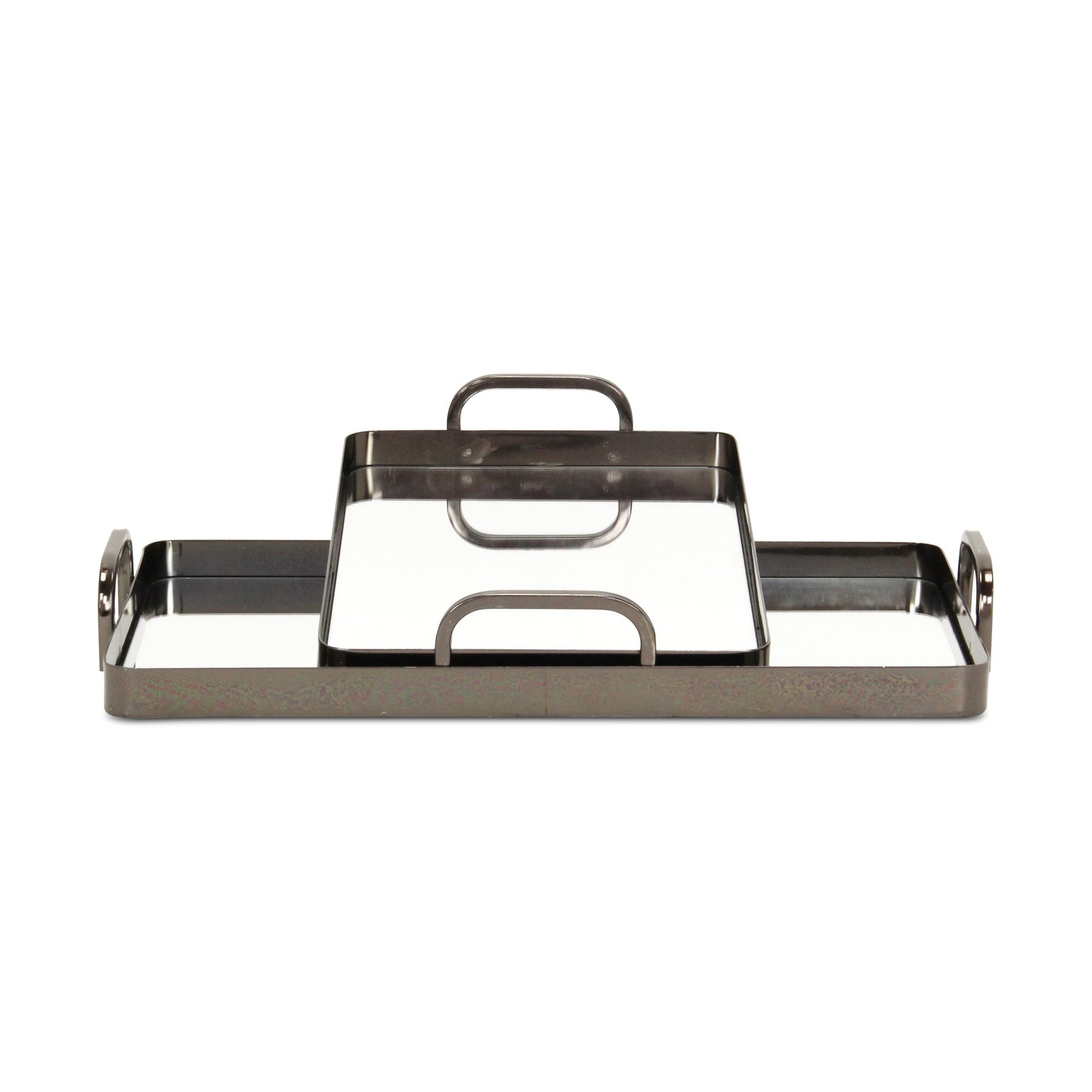 Set of Two Pewter Aluminum And Mirrored Glass Handmade Serving Trays