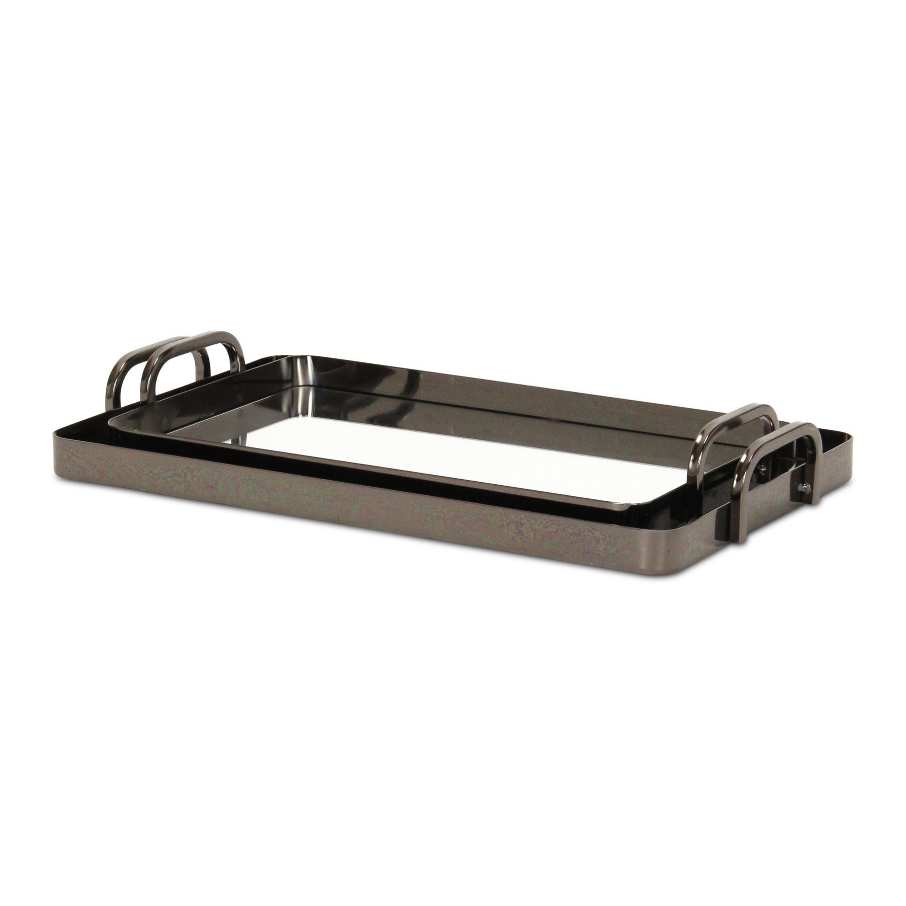 Set of Two Pewter Aluminum And Mirrored Glass Handmade Serving Trays