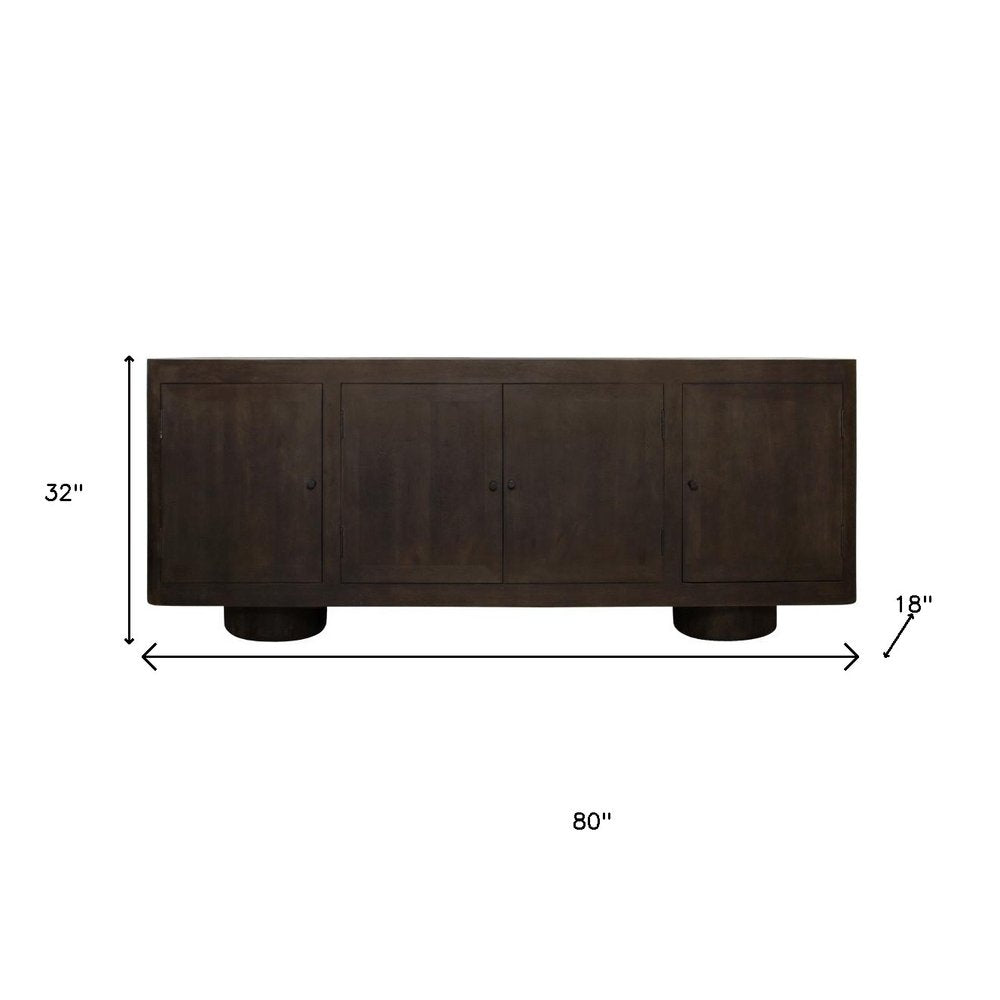 80" Dark Brown Distressed Solid Wood Sideboard Soft Close with Four Doors