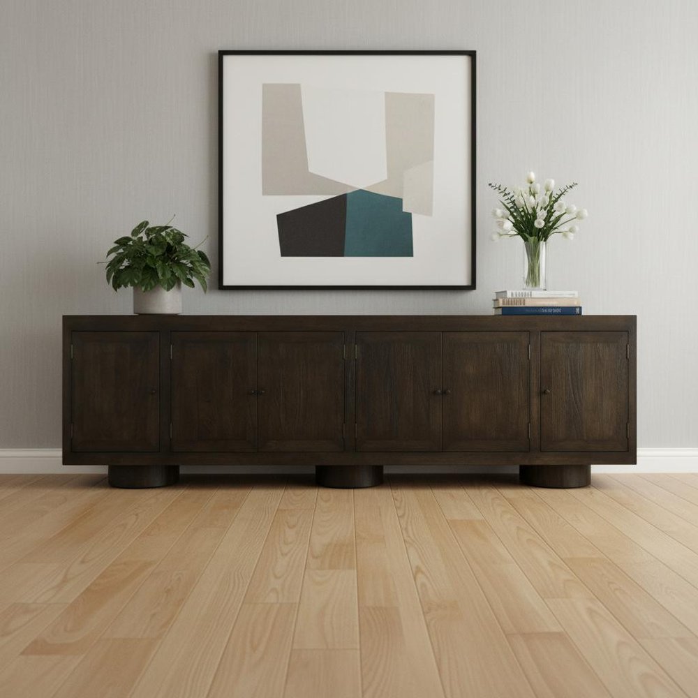 108" Dark Brown Distressed Solid Wood Sideboard Soft Close with Six Doors