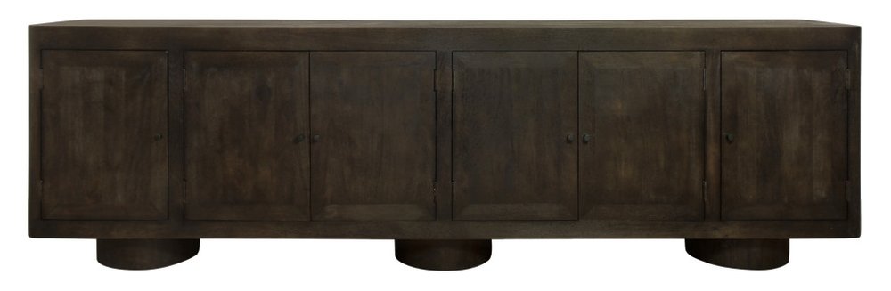 108" Dark Brown Distressed Solid Wood Sideboard Soft Close with Six Doors