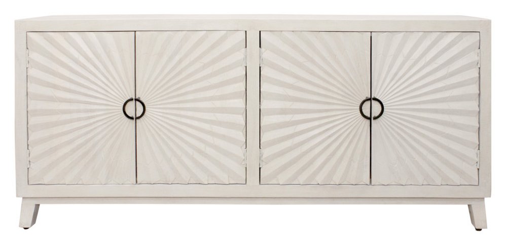 76" Ivory Distressed Solid Wood Carved Geometric Sideboard with Four Doors