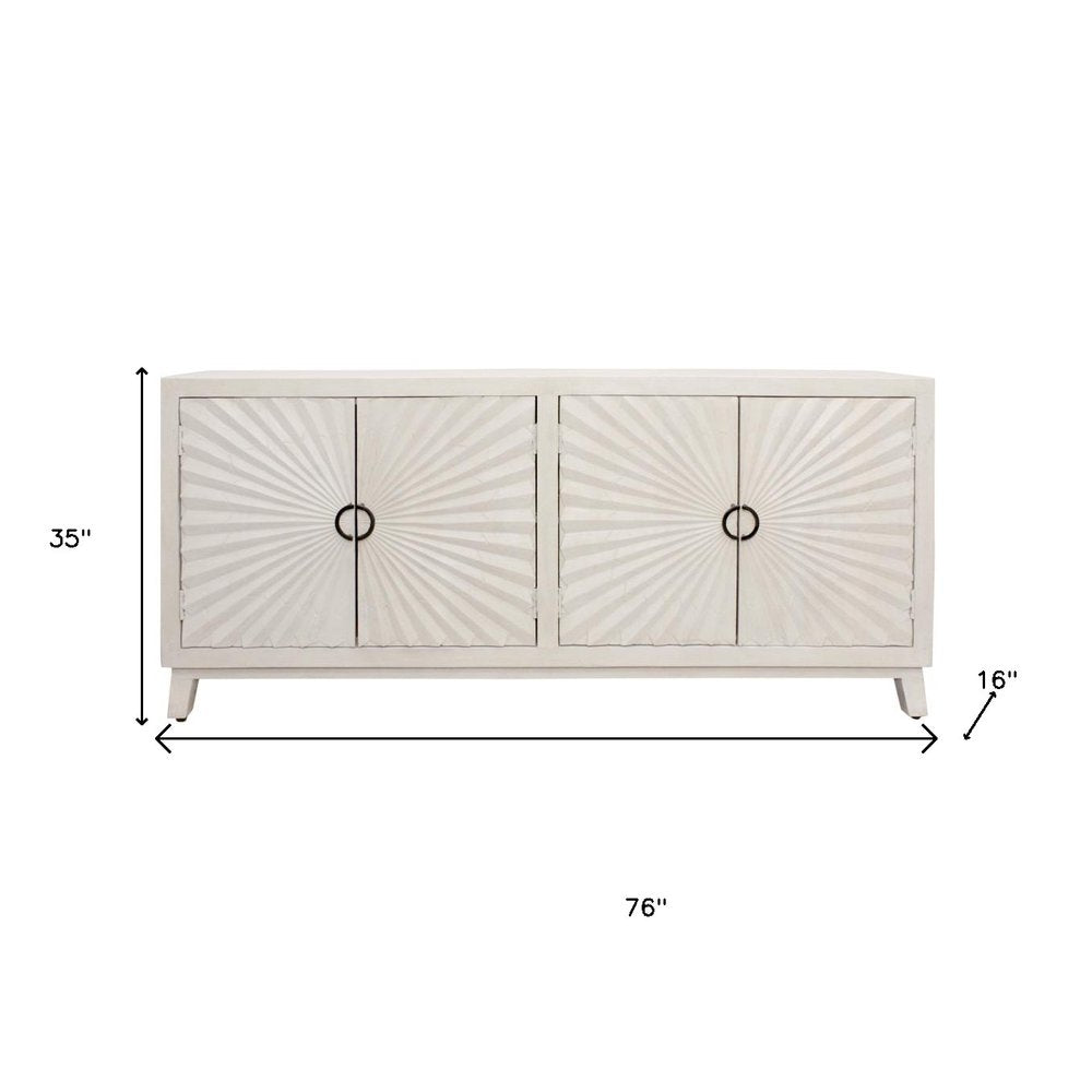 76" Ivory Distressed Solid Wood Carved Geometric Sideboard with Four Doors