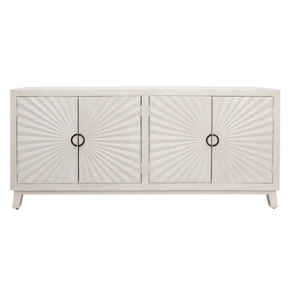 76" Ivory Distressed Solid Wood Carved Geometric Sideboard with Four Doors
