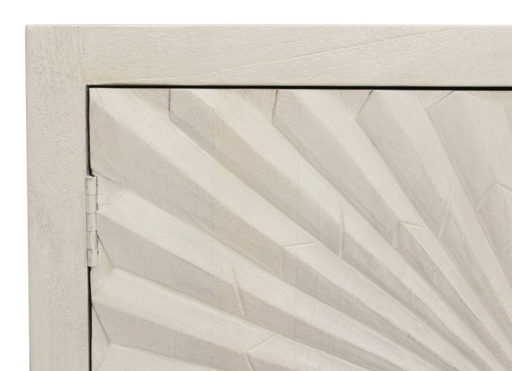 76" Ivory Distressed Solid Wood Carved Geometric Sideboard with Four Doors