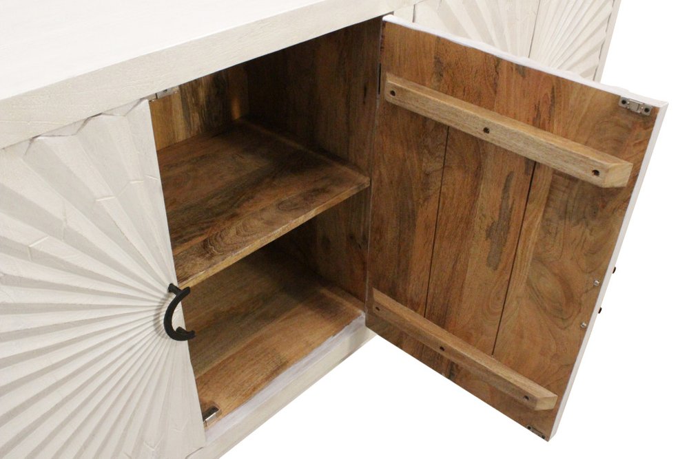 76" Ivory Distressed Solid Wood Carved Geometric Sideboard with Four Doors