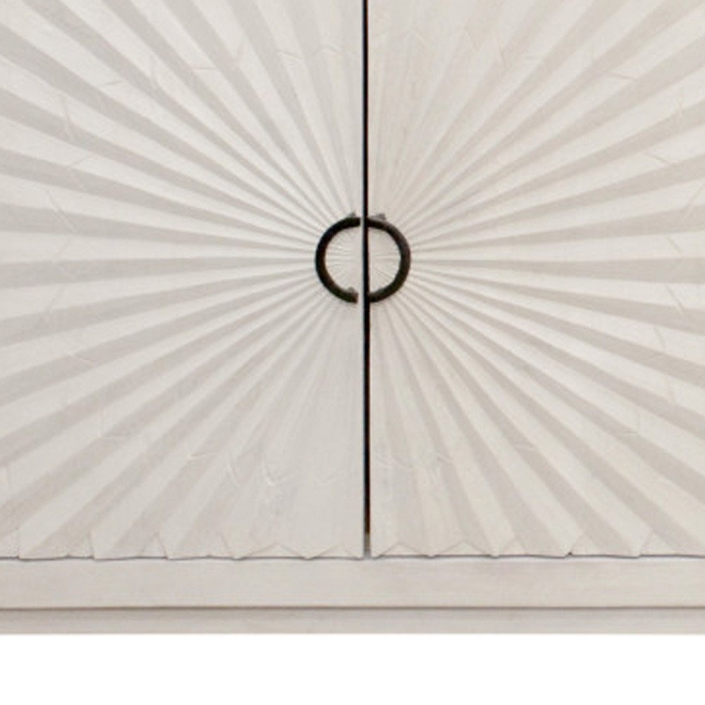 76" Ivory Distressed Solid Wood Carved Geometric Sideboard with Four Doors