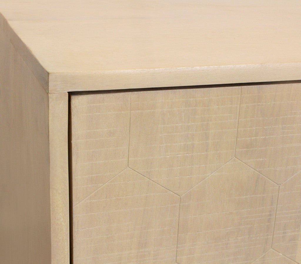 72" Natural Distressed Solid Wood Carved Geometric Sideboard with Four Doors