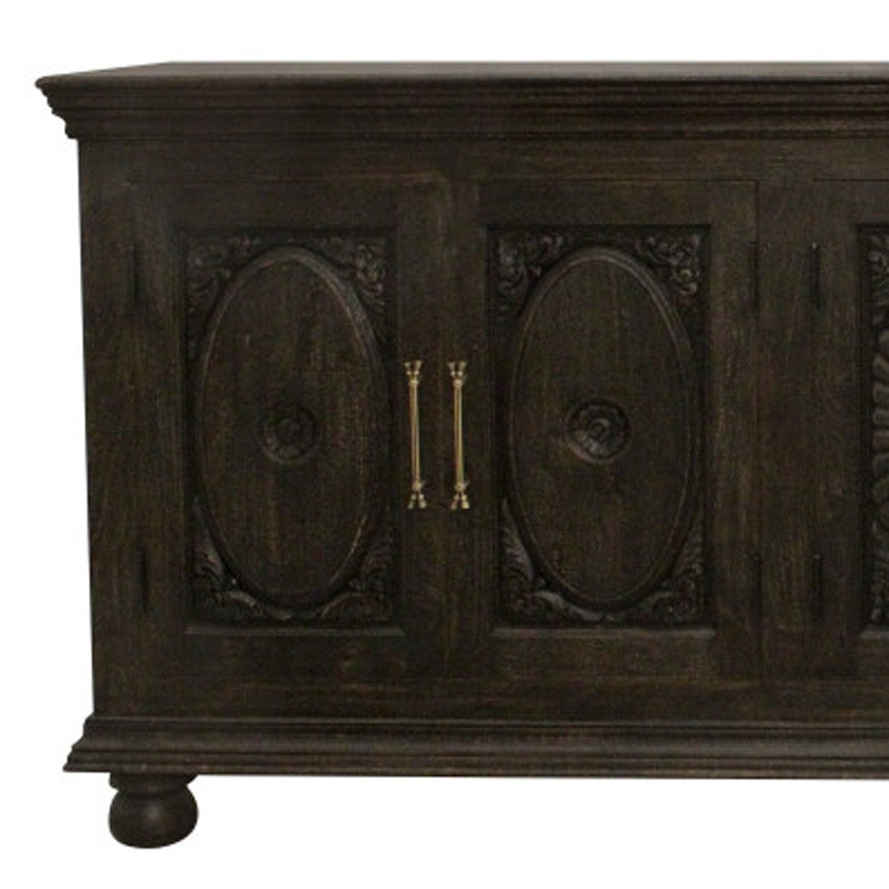 103" Black Distressed Solid Wood Carved Floral Sideboard with Six Doors