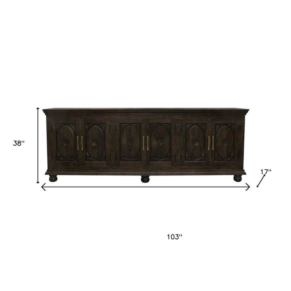103" Black Distressed Solid Wood Carved Floral Sideboard with Six Doors
