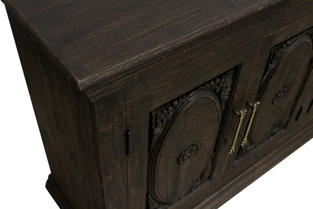 103" Black Distressed Solid Wood Carved Floral Sideboard with Six Doors