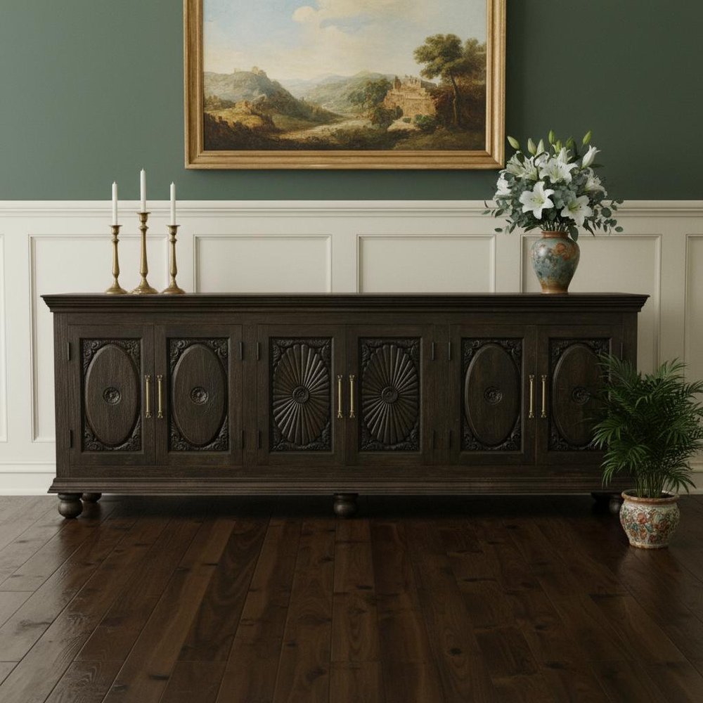 103" Black Distressed Solid Wood Carved Floral Sideboard with Six Doors