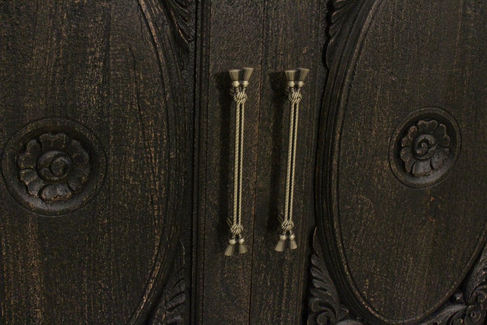 103" Black Distressed Solid Wood Carved Floral Sideboard with Six Doors