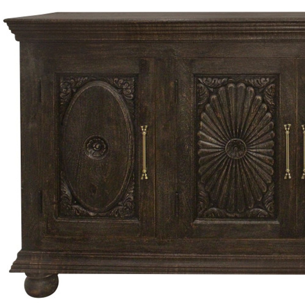 73" Black Distressed Solid Wood Carved Floral Sideboard with Four Doors
