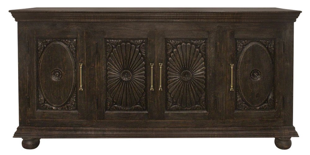 73" Black Distressed Solid Wood Carved Floral Sideboard with Four Doors