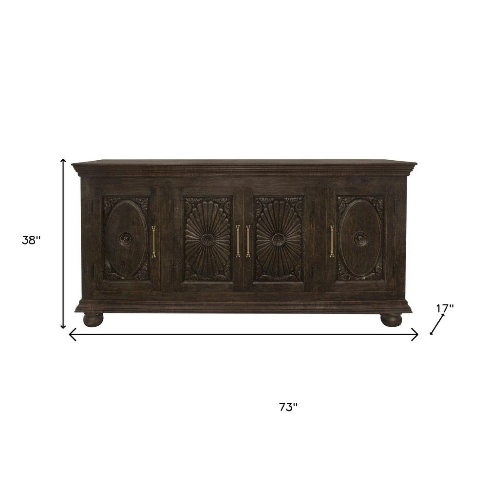 73" Black Distressed Solid Wood Carved Floral Sideboard with Four Doors