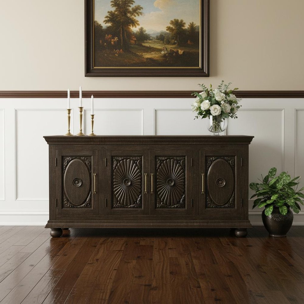 73" Black Distressed Solid Wood Carved Floral Sideboard with Four Doors