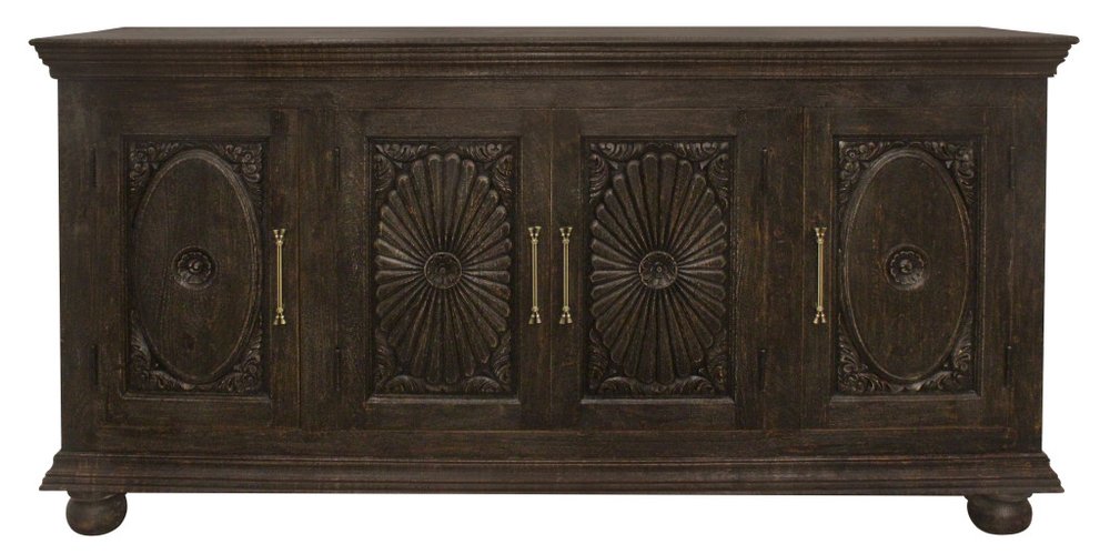 73" Black Distressed Solid Wood Carved Floral Sideboard with Four Doors