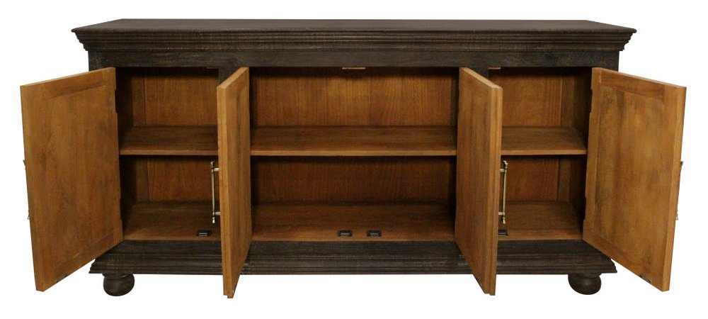 73" Black Distressed Solid Wood Carved Floral Sideboard with Four Doors
