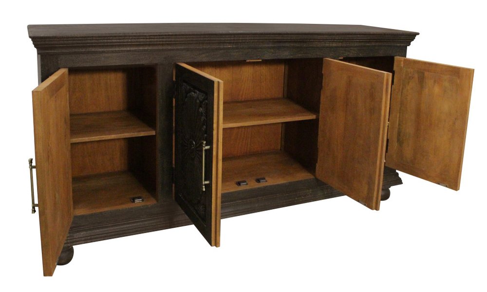 73" Black Distressed Solid Wood Carved Floral Sideboard with Four Doors