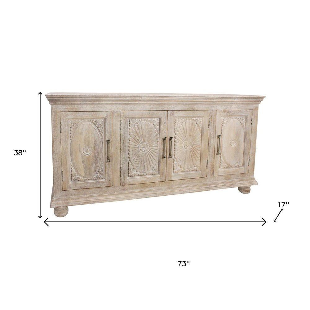 73" Antiqued White Distressed Solid Wood Carved Floral Sideboard with Four Doors