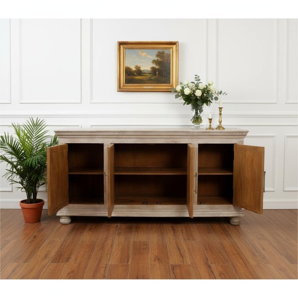 73" Antiqued White Distressed Solid Wood Carved Floral Sideboard with Four Doors