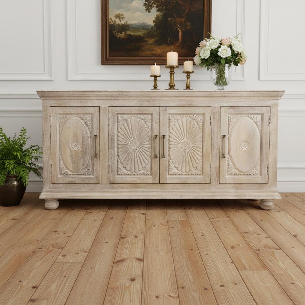 73" Antiqued White Distressed Solid Wood Carved Floral Sideboard with Four Doors
