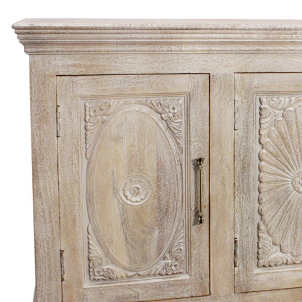 73" Antiqued White Distressed Solid Wood Carved Floral Sideboard with Four Doors