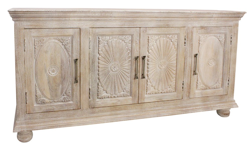 73" Antiqued White Distressed Solid Wood Carved Floral Sideboard with Four Doors