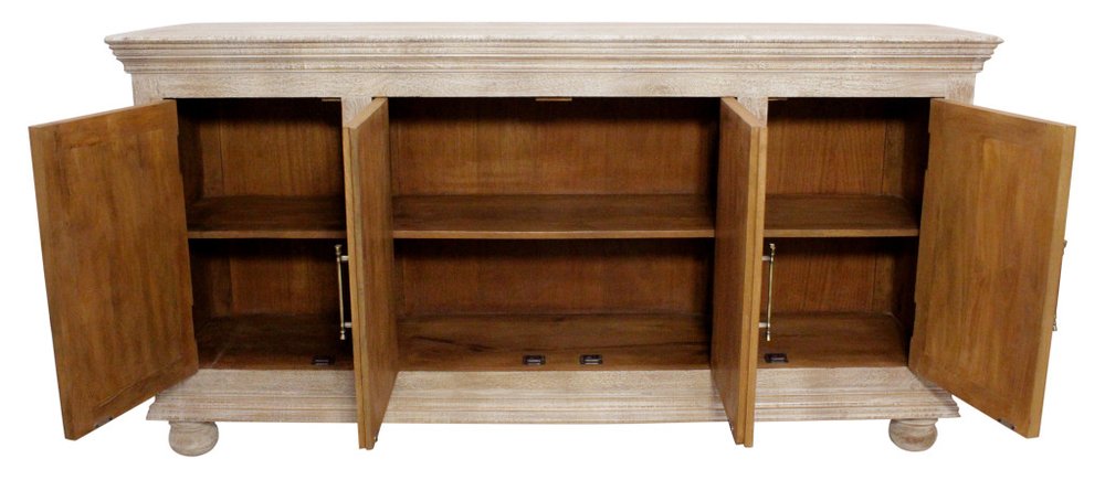 73" Antiqued White Distressed Solid Wood Carved Floral Sideboard with Four Doors