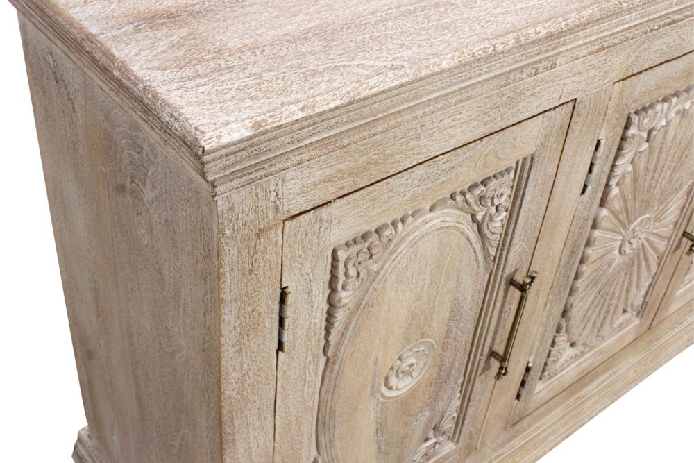 73" Antiqued White Distressed Solid Wood Carved Floral Sideboard with Four Doors