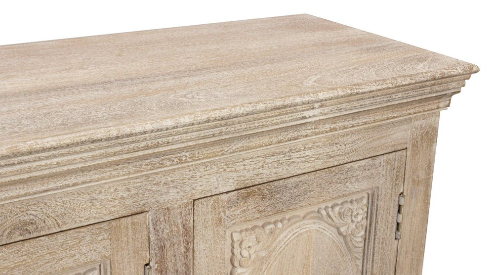 73" Antiqued White Distressed Solid Wood Carved Floral Sideboard with Four Doors