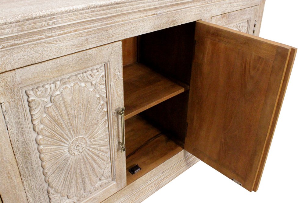 73" Antiqued White Distressed Solid Wood Carved Floral Sideboard with Four Doors