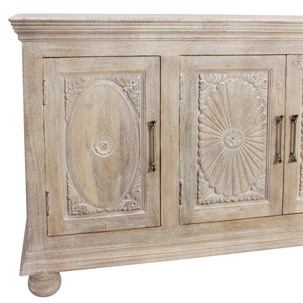 73" Antiqued White Distressed Solid Wood Carved Floral Sideboard with Four Doors