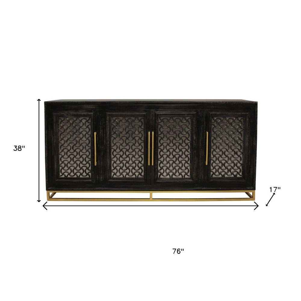 76" Black Distressed Solid Wood Carved Geometric Sideboard with Four Doors