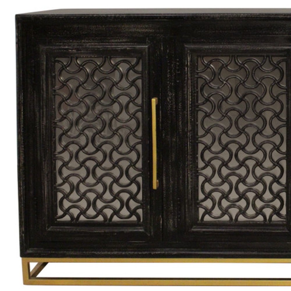 76" Black Distressed Solid Wood Carved Geometric Sideboard with Four Doors