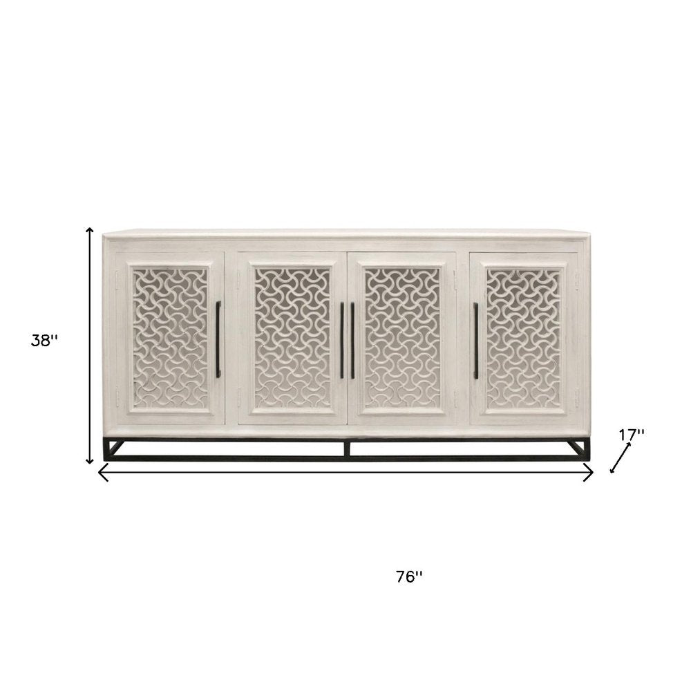 76" Antiqued White Distressed Solid Wood Carved Geometric Sideboard with Four Doors