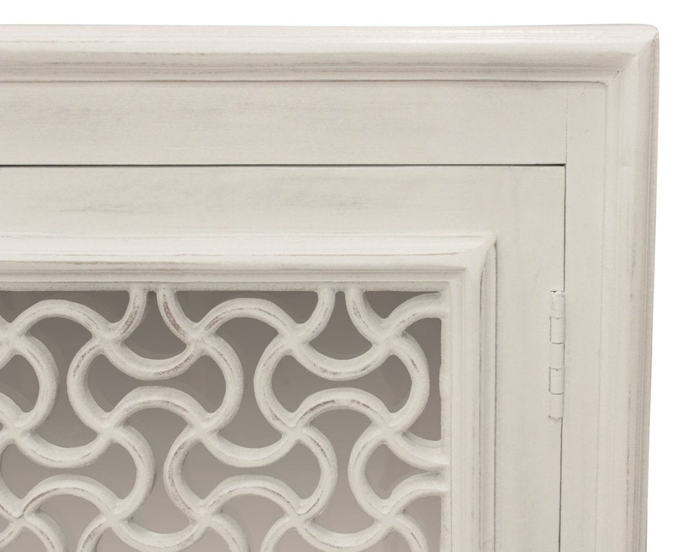 76" Antiqued White Distressed Solid Wood Carved Geometric Sideboard with Four Doors
