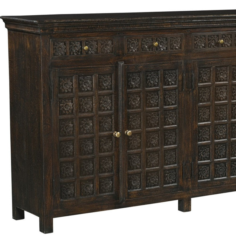 72" Black Distressed Solid Wood Carved Floral Four Drawer Sideboard with Four Doors