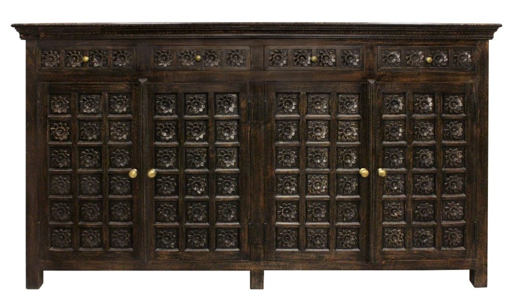 72" Black Distressed Solid Wood Carved Floral Four Drawer Sideboard with Four Doors