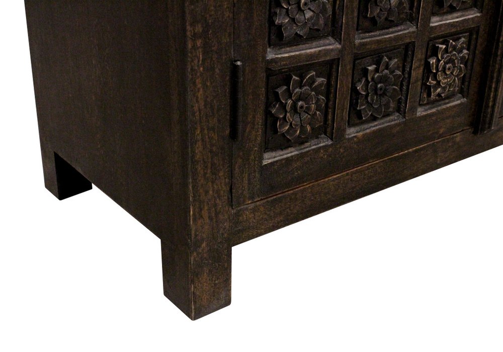 72" Black Distressed Solid Wood Carved Floral Four Drawer Sideboard with Four Doors